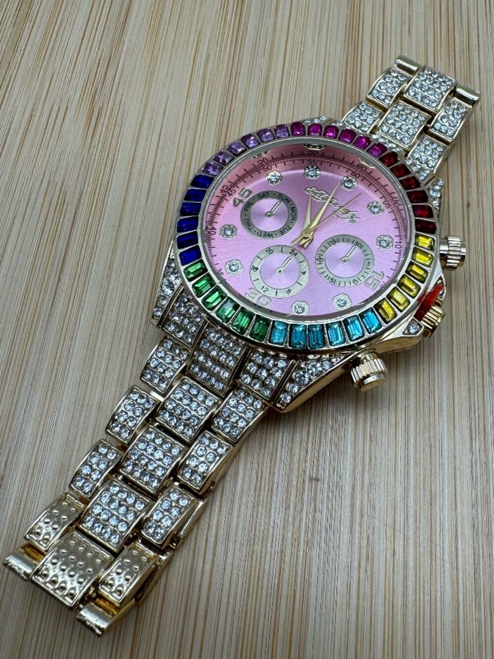 Ed Hardy Women's Gold Tone Bracelet Rainbow Watch Pink Dial Analog Quartz (1)